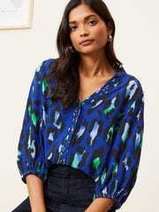 Love & Roses Blue Ruffle V Neck 3/4 Sleeve Button Through Blouse - Image 1 of 4