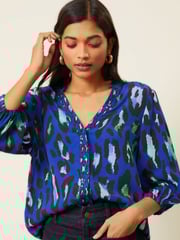 Love & Roses Blue Ruffle V Neck 3/4 Sleeve Button Through Blouse - Image 2 of 4