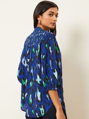 Love & Roses Blue Ruffle V Neck 3/4 Sleeve Button Through Blouse - Image 3 of 4