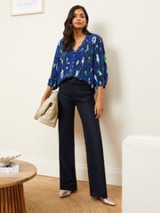 Love & Roses Blue Ruffle V Neck 3/4 Sleeve Button Through Blouse - Image 4 of 4