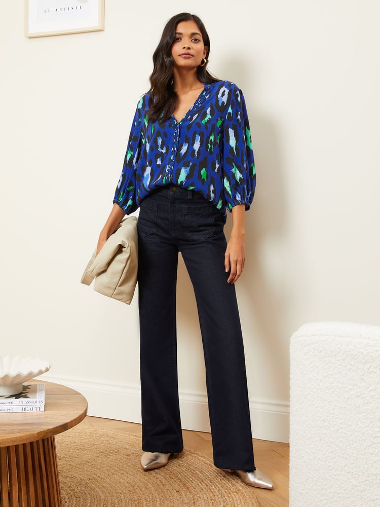 Love & Roses Blue Ruffle V Neck 3/4 Sleeve Button Through Blouse - Image 4 of 4