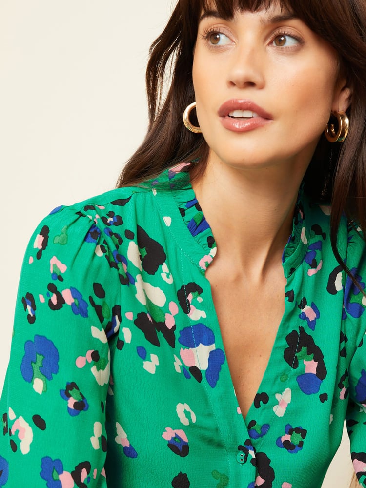 Love & Roses Green Ruffle V Neck 3/4 Sleeve Button Through Blouse - Image 1 of 1