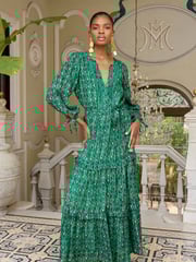 V&A | Love & Roses Green Floral Petite Printed V Neck Metallic Tie Cuff Midi Dress - Image 1 of 4
