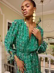 V&A | Love & Roses Green Floral Petite Printed V Neck Metallic Tie Cuff Midi Dress - Image 2 of 4