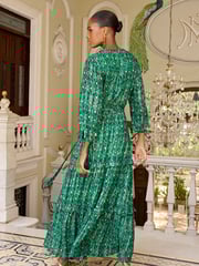 V&A | Love & Roses Green Floral Petite Printed V Neck Metallic Tie Cuff Midi Dress - Image 3 of 4
