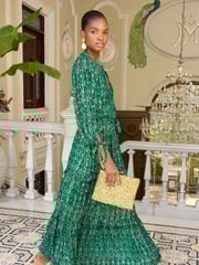 V&A | Love & Roses Green Floral Petite Printed V Neck Metallic Tie Cuff Midi Dress - Image 4 of 4