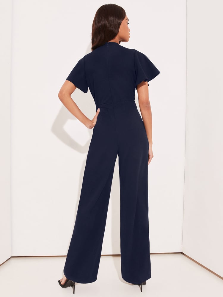 Lipsy Navy Blue Flutter Sleeve V Neck Tie Front Wide Leg Jumpsuit - Image 2 of 4 Lipsy Navy Blue Flutter Sleeve V Neck Tie Front Wide Leg Jumpsuit - Image 2 of 4