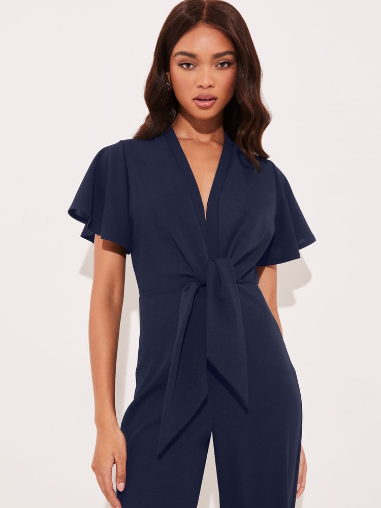 Lipsy Navy Blue Flutter Sleeve V Neck Tie Front Wide Leg Jumpsuit - Image 4 of 4 Lipsy Navy Blue Flutter Sleeve V Neck Tie Front Wide Leg Jumpsuit - Image 4 of 4
