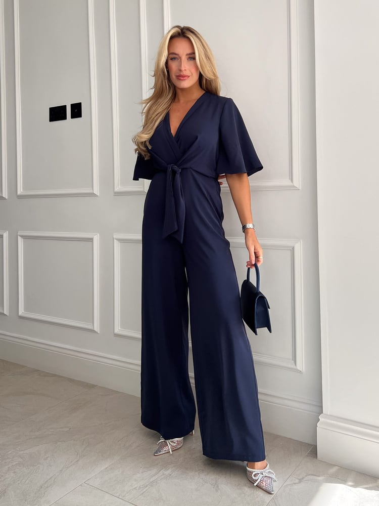 Girl In Mind Navy Viola Wrap Tie Detail Wide Leg Jumpsuit - Image 1 of 4