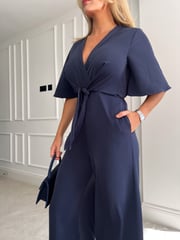 Girl In Mind Navy Viola Wrap Tie Detail Wide Leg Jumpsuit - Image 4 of 4