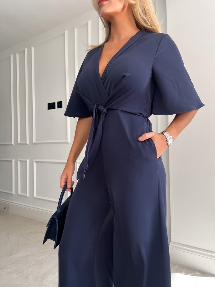 Girl In Mind Navy Viola Wrap Tie Detail Wide Leg Jumpsuit - Image 4 of 4