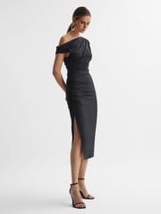 Reiss Charcoal Fern Bodycon Ruched Midi Dress - Image 1 of 4