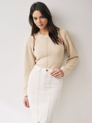 Neutral Co-ord 30% Wool Ribbed Bolero Cardigan - Image 1 of 6
