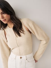 Neutral Co-ord 30% Wool Ribbed Bolero Cardigan - Image 4 of 6