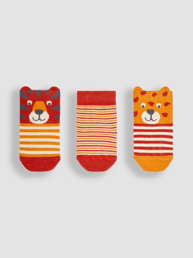 JoJo Maman Bébé Rust Orange Tiger 3-Pack Safari Socks - Image 1 of 4