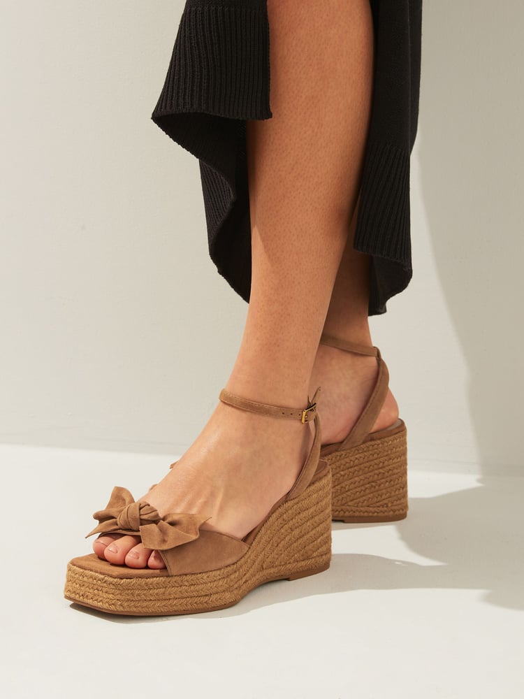 Tan Brown Forever Comfort® Leather Bow Wedges - Image 1 of 9