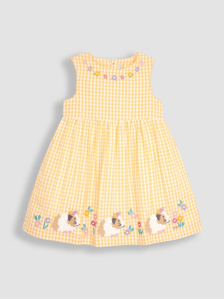 JoJo Maman Bébé Yellow Guinea Pig Appliqué Gingham Summer Dress - Image 1 of 3