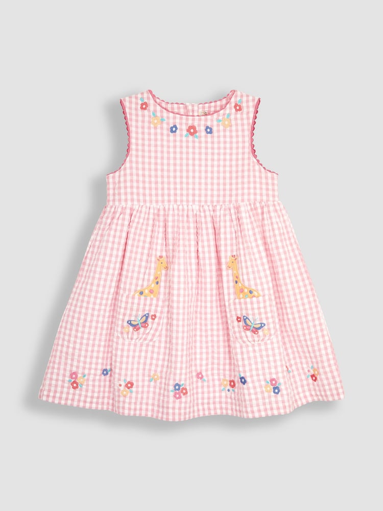 JoJo Maman Bébé Pink Jungle Appliqué Gingham Summer Dress - Image 1 of 4