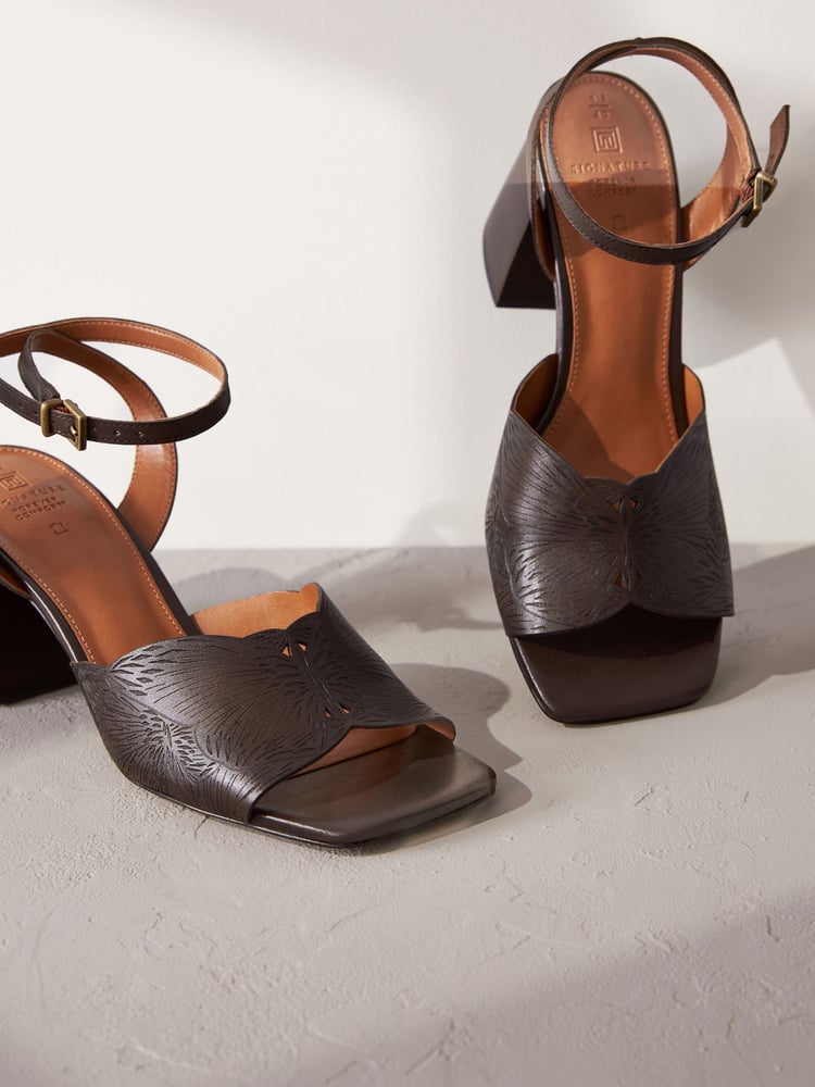 Chocolate Brown Signature Leather Butterfly Block Heel Sandals - Image 8 of 8