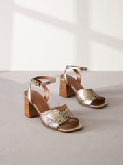 Gold Signature Leather Butterfly Block Heel Sandals - Image 1 of 6