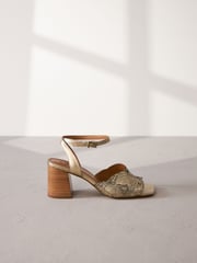 Gold Signature Leather Butterfly Block Heel Sandals - Image 2 of 6