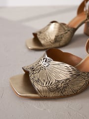 Gold Signature Leather Butterfly Block Heel Sandals - Image 3 of 6
