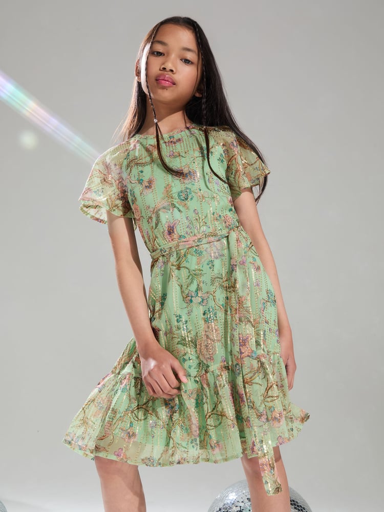 Lipsy Green Floral Sparkle Shift Occasion Dress (From 2-16yrs) - Image 1 of 4