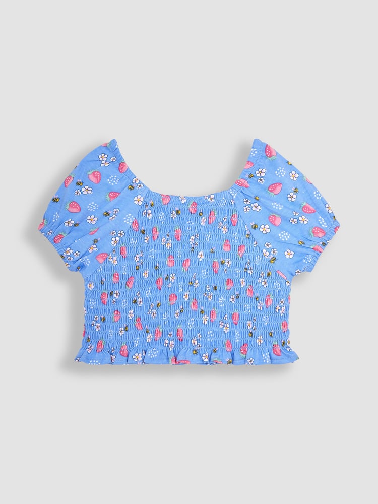 JoJo Maman Bébé Blue 2-Piece Strawberry & Bee Smocked Top & Skort Set - Image 2 of 4