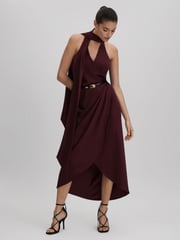 Reiss Burgundy Tayla Satin Wrap Front Midi Dress - Image 1 of 5