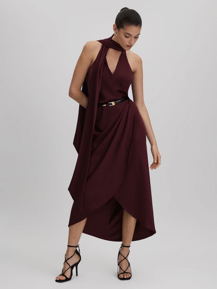 Reiss Burgundy Tayla Satin Wrap Front Midi Dress - Image 1 of 5