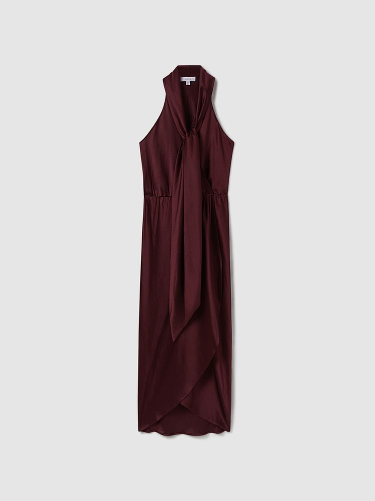 Reiss Burgundy Tayla Satin Wrap Front Midi Dress - Image 2 of 5