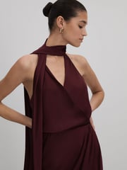 Reiss Burgundy Tayla Satin Wrap Front Midi Dress - Image 3 of 5