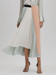 Reiss Pink/Cream Maddie Pleated Asymmetric Midi Skirt - Image 1 of 6