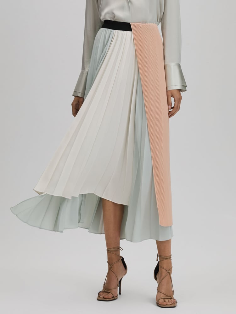 Reiss Pink/Cream Maddie Pleated Asymmetric Midi Skirt - Image 1 of 6