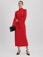 Reiss Red Katya Flute Sleeve Bodycon Midi Dress - Image 1 of 6