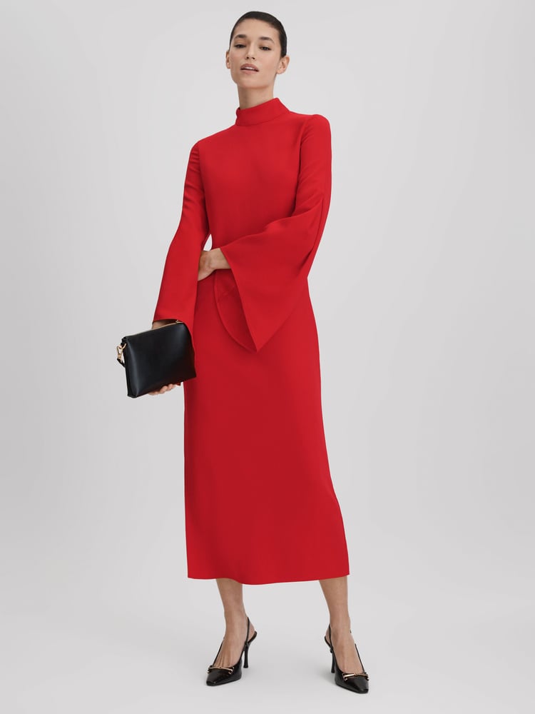 Reiss Red Katya Flute Sleeve Bodycon Midi Dress - Image 1 of 6