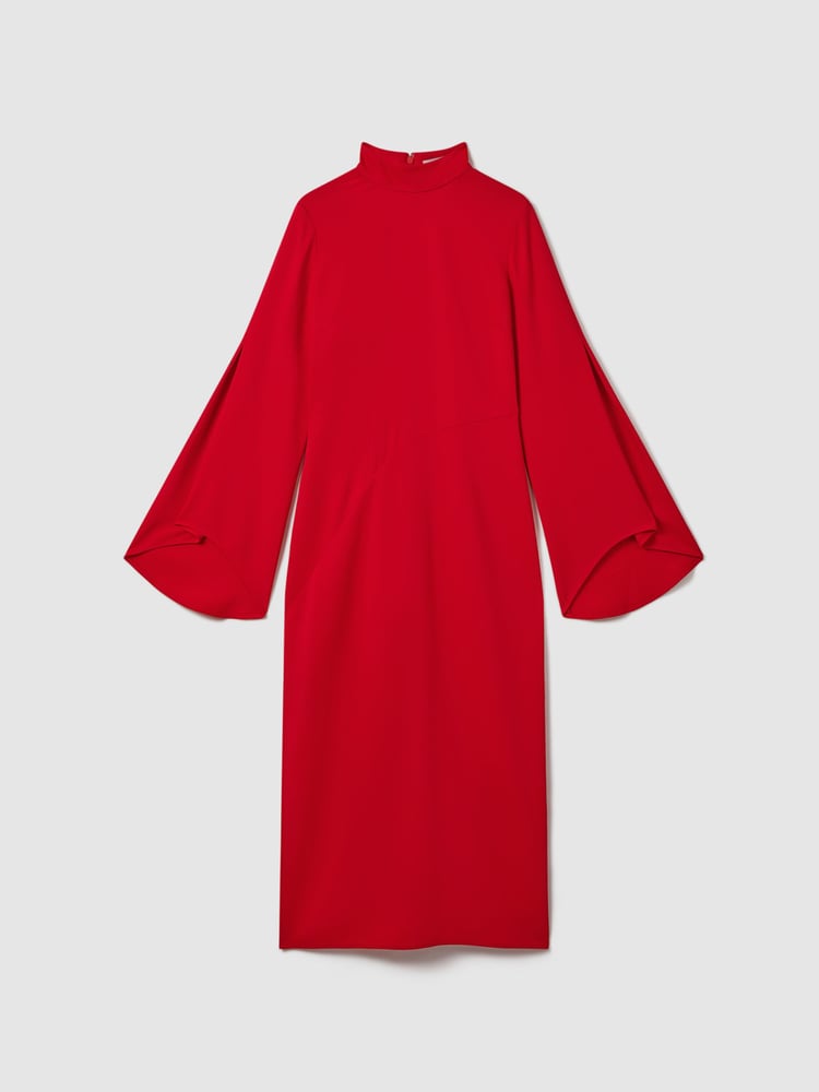 Reiss Red Katya Flute Sleeve Bodycon Midi Dress - Image 2 of 6