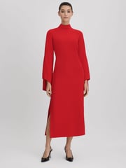 Reiss Red Katya Flute Sleeve Bodycon Midi Dress - Image 5 of 6