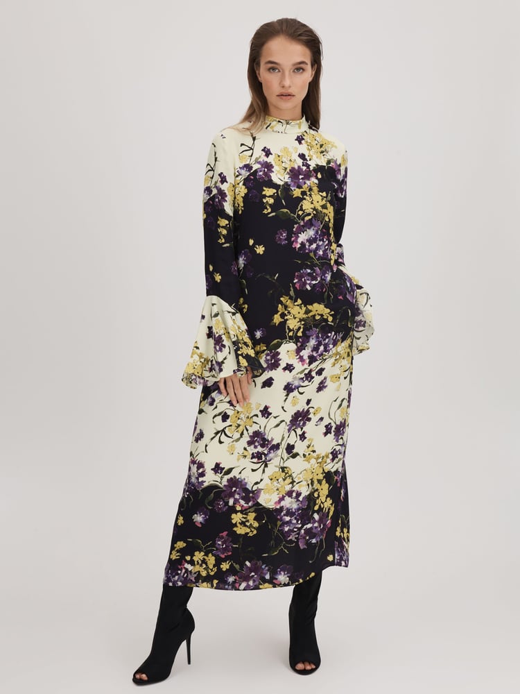 Florere Printed Fluted Cuff Midi Dress - Image 1 of 8