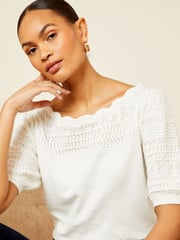 Love & Roses Ivory White Pointelle Scallop Neck Knitted Top - Image 1 of 4