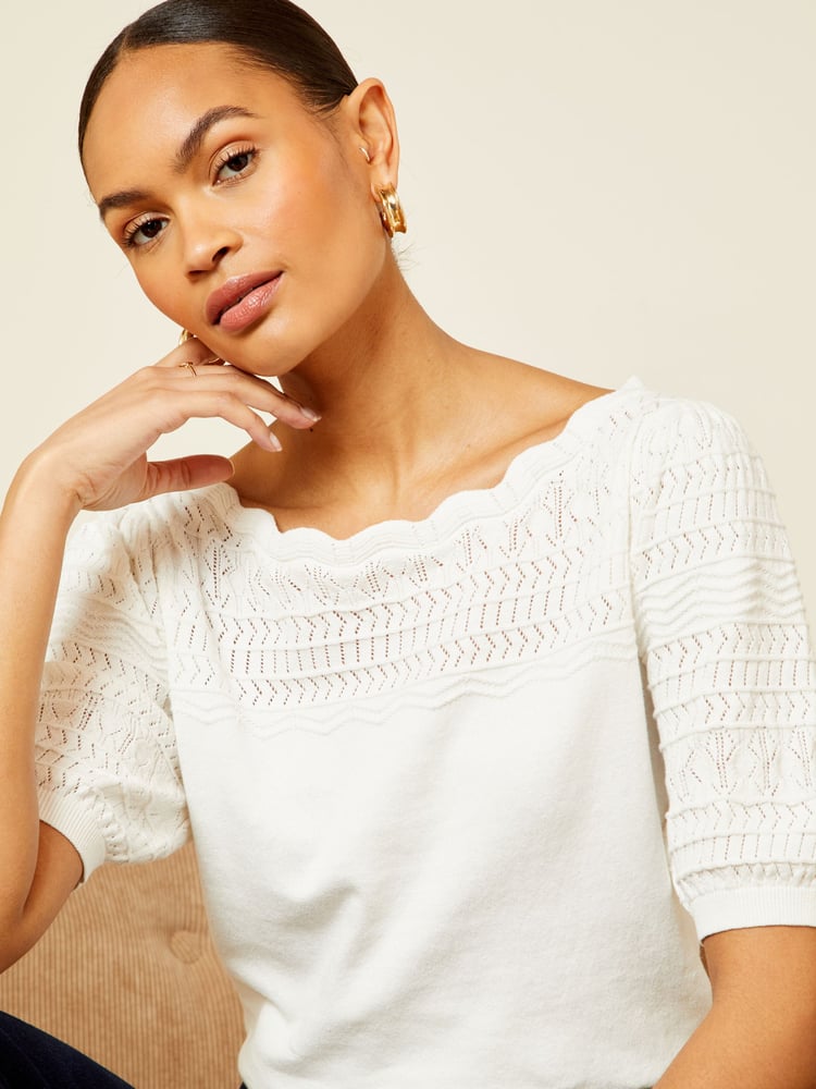 Love & Roses Ivory White Pointelle Scallop Neck Knitted Top - Image 1 of 4