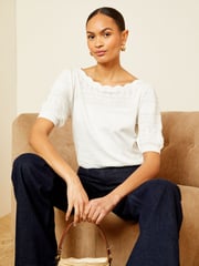 Love & Roses Ivory White Pointelle Scallop Neck Knitted Top - Image 2 of 4