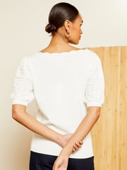 Love & Roses Ivory White Pointelle Scallop Neck Knitted Top - Image 3 of 4