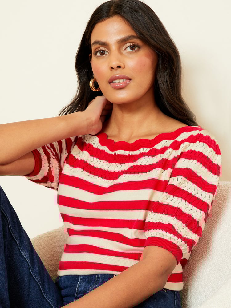 Love & Roses Red Pointelle Scallop Neck Knitted Top - Image 1 of 4