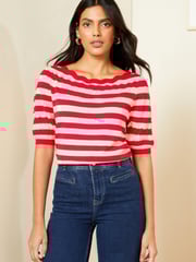 Love & Roses Red Pointelle Scallop Neck Knitted Top - Image 2 of 4