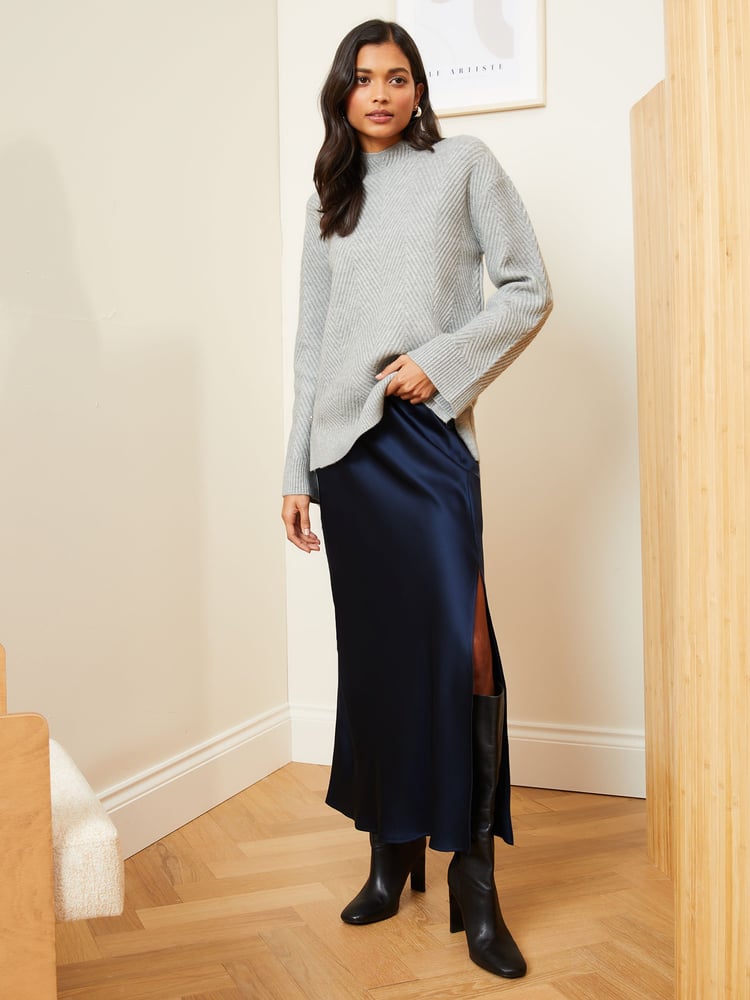 Love & Roses Navy Blue Satin Bias Cut Midaxi Skirt - Image 4 of 4 Love & Roses Navy Blue Satin Bias Cut Midaxi Skirt - Image 4 of 4