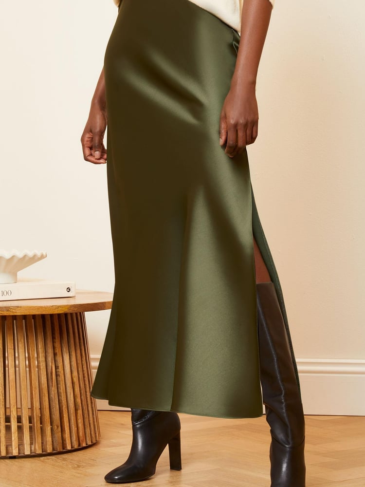Love & Roses Khaki Green Satin Bias Cut Midaxi Skirt - Image 1 of 4 Love & Roses Khaki Green Satin Bias Cut Midaxi Skirt - Image 1 of 4