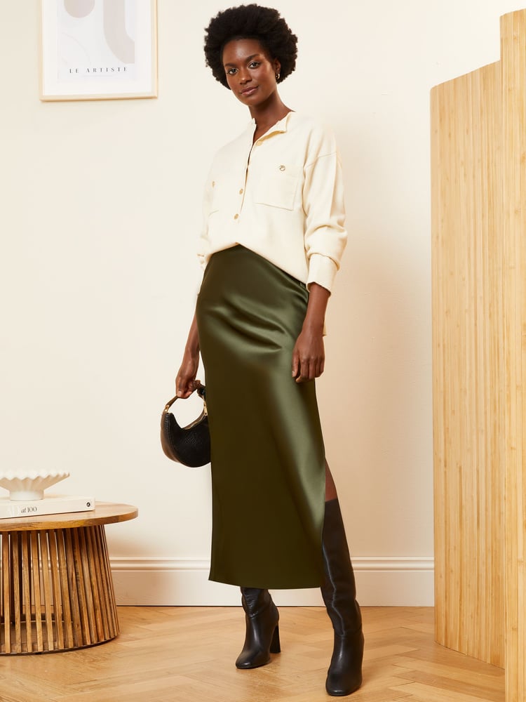 Love & Roses Khaki Green Satin Bias Cut Midaxi Skirt - Image 4 of 4 Love & Roses Khaki Green Satin Bias Cut Midaxi Skirt - Image 4 of 4
