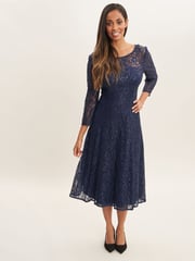 Gina Bacconi Blue Elianna Midi-Length Sequin Lace 3/4 Sleeve Cocktail Dress - Image 1 of 5