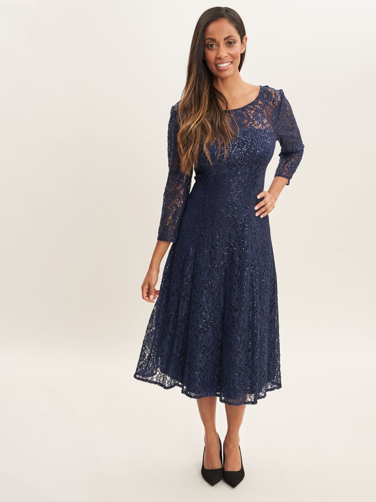 Gina Bacconi Blue Elianna Midi-Length Sequin Lace 3/4 Sleeve Cocktail Dress - Image 1 of 5